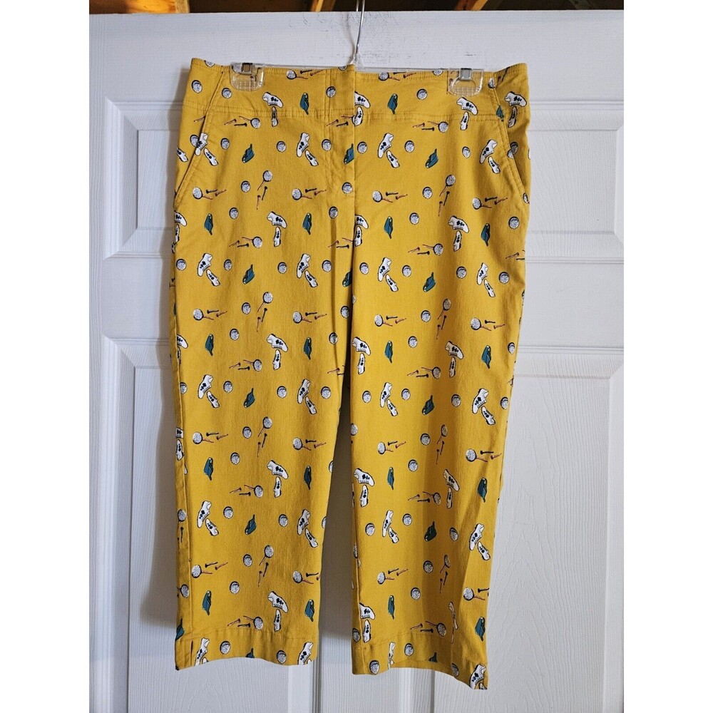 Izod Womens Crop Yellow Golf Pants All Over Print Size 10 Golf Balls Tees Cleats